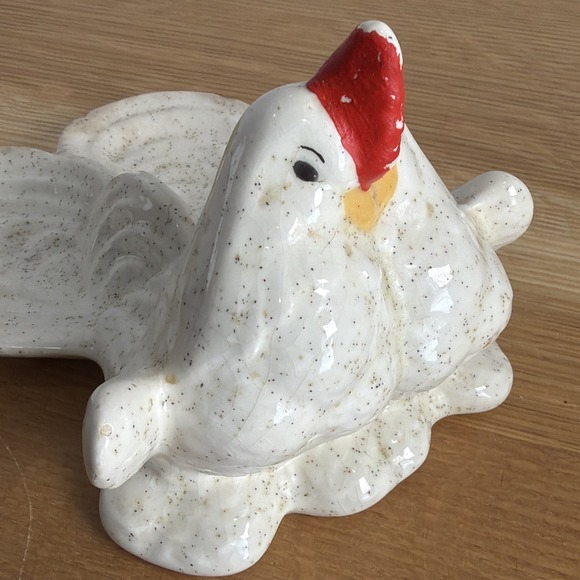 Vintage MCM Rooster&hen Double Spoon Holder Rest White Speckled - Picture 8 of 9